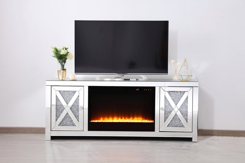 Elegant Mirrored TV Stand with Fireplace